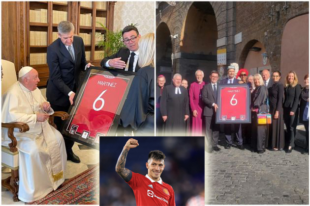 Manchester United Lisandro Martinez reacts to his jersey being presented to the Pope